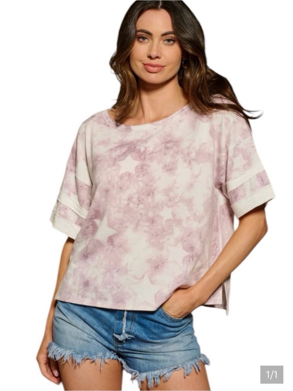 Promesa Lilac and White Star Tie-Dye Short Sleeve Top